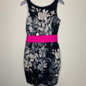 Eliza J black floral dress with hot pink tie belt